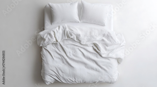 Aerial view of an unmade bed with white linens and two pillows. The duvet is casually rumpled, suggesting a comfortable and inviting atmosphere.