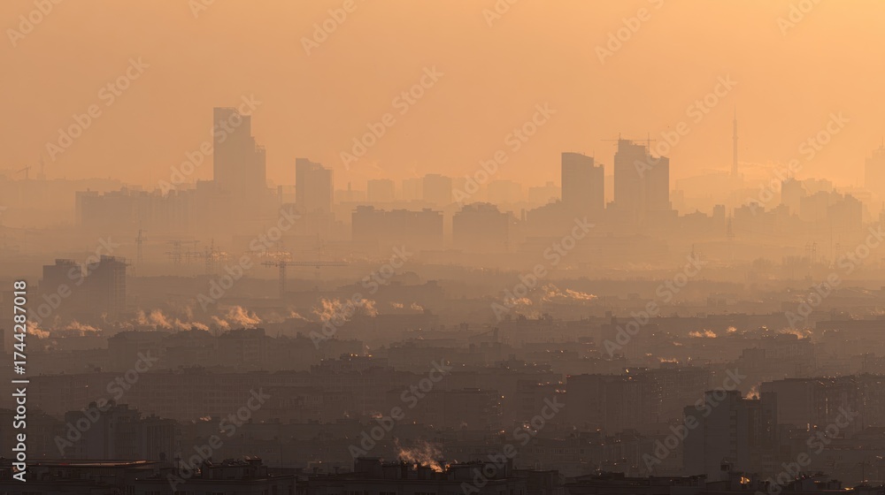 Naklejka premium Warm hazy skyline shows city buildings, with lower buildings and smog