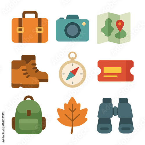 Travel and adventure icons: flat design with vibrant backgrounds