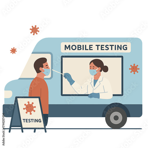 Mobile testing clinic with healthcare professional in protective gear