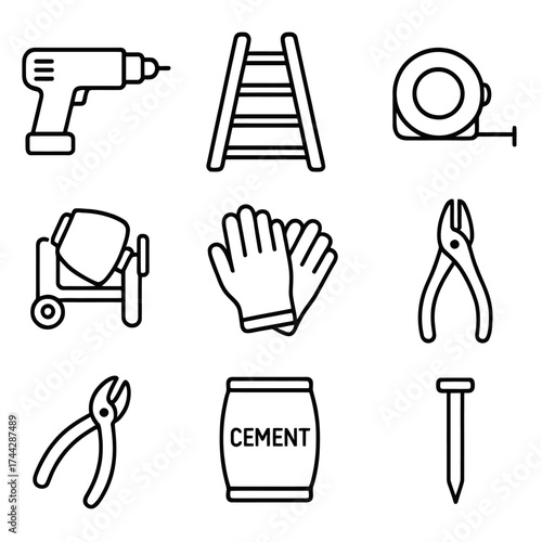 Construction tools and equipment icons: linear style on gray background