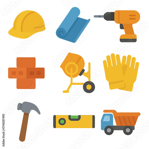 Colorful construction tools icons: helmet, drill, cement mixer, gloves
