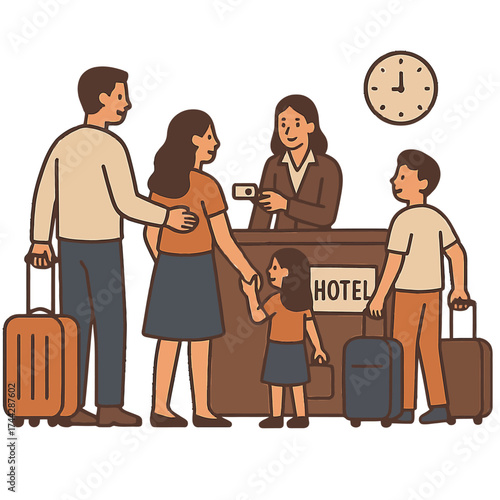 Family checking into hotel at reception desk with luggage
