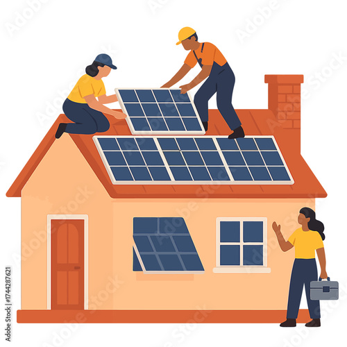Team installing solar panels on roof with glowing green energy theme