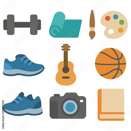 Flat icons of hobbies and activities: fitness, music, arts, and sports