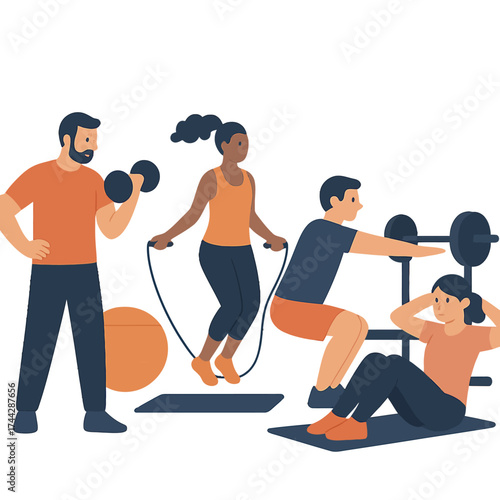 Stylized fitness training scene with diverse group exercising with weights and jump ropes