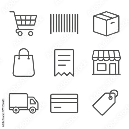 Shopping icons set: cart, barcode, box, bag, receipt, store, truck, card, tag