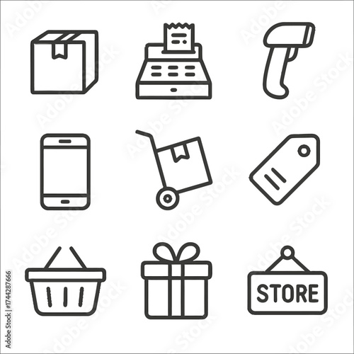 Shopping icons set: outline style for retail and e-commerce platforms
