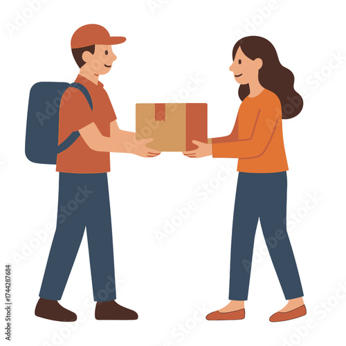 Flat design delivery scene with smiling couriers exchanging package