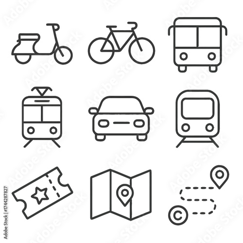 Linear icons of various transportation modes on gradient background