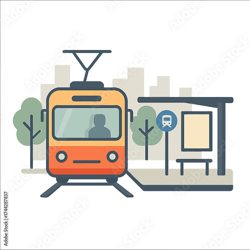 City tram scene: urban transport in soft neon style