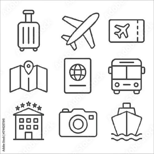 Travel essentials icons: plane, passport, hotel, camera, and more in linear style