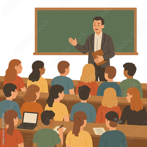 Classroom lecture scene with diverse students and teacher in flat design