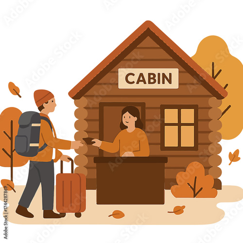 Cozy autumn cabin check-in scene with warm tones