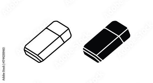 Two simple eraser illustrations in contrasting black and white styles