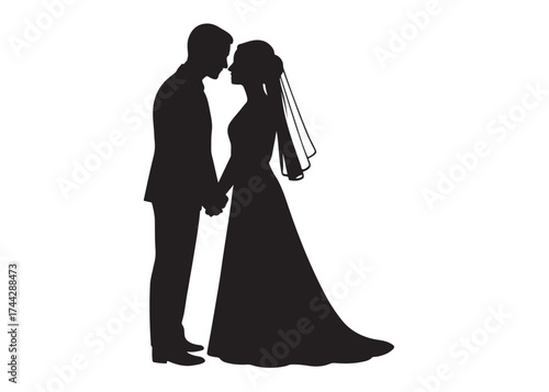 wedding couple logo silhouette vector, groom couple silhouette vector illustration, couple silhouette with wedding dress, romantic couples wedding woman logo silhouettes vector on a white background