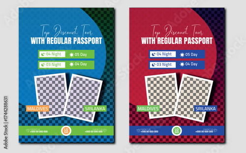 Two vertical travel agency event flyers with photo placeholders and festival passport information