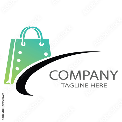 Creative design vector art of green shopping bag with dots and a swoosh, representing retail and ecommerce