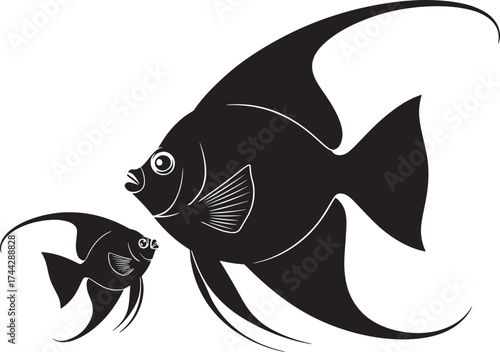 Angelfish vector silhouette illustration, black tropical fish with detailed features