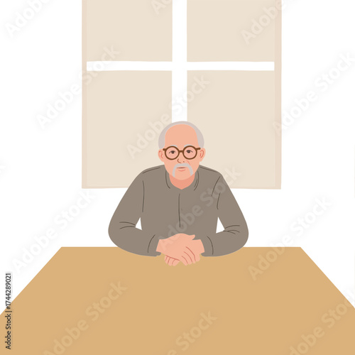 Elderly Man by Empty Table. Lonely Senior Sitting Indoors. Older Man Solitude at Home. Elderly Person Sad Alone Concept. Elderly set