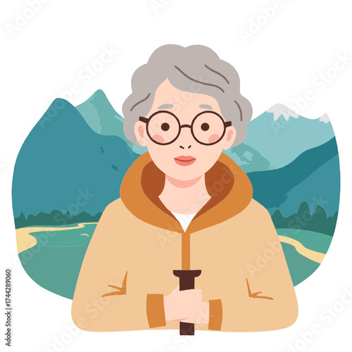 Elderly Woman on Hiking Path. Senior Female Trekking in Mountains. Older Woman Enjoying Outdoor Adventure. Elderly Hiking and Healthy Lifestyle. Elderly set