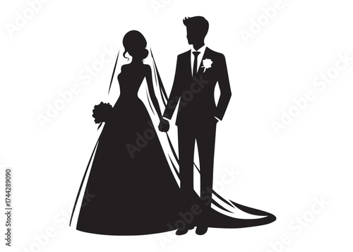 wedding couple logo silhouette vector, groom couple silhouette vector illustration, couple silhouette with wedding dress, romantic couples wedding woman logo silhouettes vector on a white background