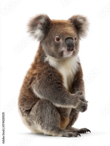 A cute koala bear sitting upright on a clean white background, looking curious and alert with its paws clasped.
