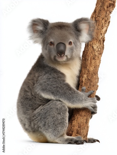 A cute koala bear with grey fur and white chest holding onto a tree branch, looking directly at the camera on a white background.
