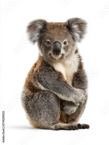A cute koala bear sitting upright and looking directly at the viewer with a gentle expression on a plain white background.