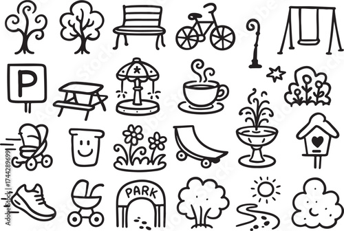 Hand drawn doodle line icons set of park elements recreation outdoor activities and children's play
