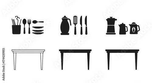 Simple black and white illustration of kitchenware and dining table set