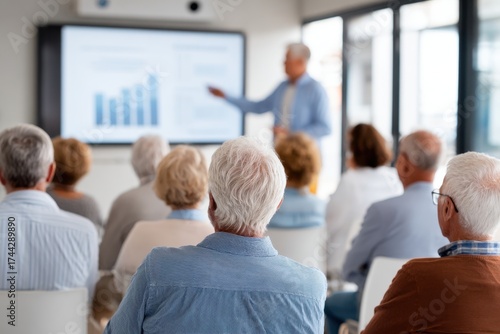 Group of senior adults attending a presentation in a modern conference room, focused on speaker explaining data trends displayed on a large screen, fostering engagement and learning