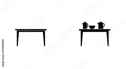 Simple black and white illustration of two tables with kitchenware