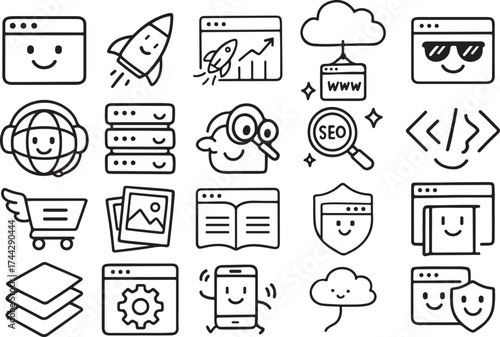 Creative doodle website line icon set with charming characters for digital and web design projects