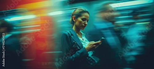Businesswoman Checking Stock Prices on Smartphone in Dynamic Subway Scene