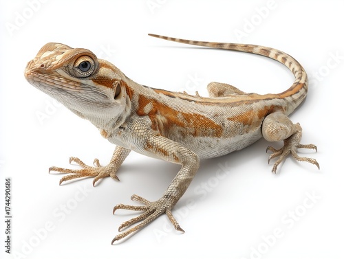 Close-up studio shot of a small, light-colored lizard with brown markings, possibly a juvenile bearded dragon, on a white background.