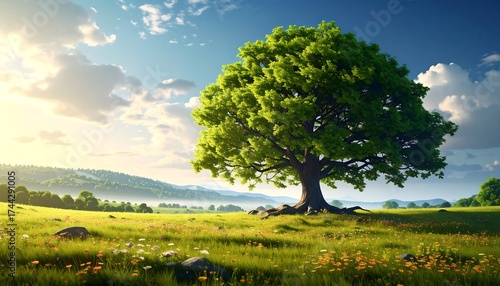 Majestic Solitary Tree in a Sunlit Green Meadow.