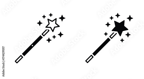 Two simple black and white illustrations of magical wands with stars