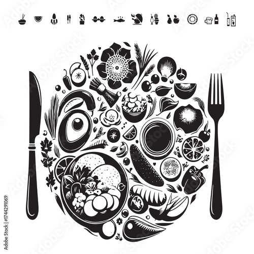 A beautifully arranged composition of fresh fruits, vegetables, and culinary ingredients highlighting healthy eating and nutritious food choices for a balanced lifestyle