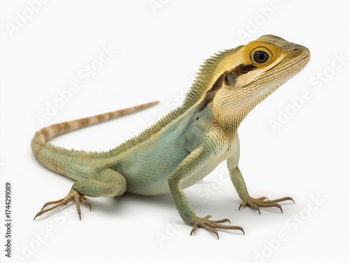 A vibrant green and yellow lizard with a long tail standing on a clean white background, showcasing its unique scales and watchful eyes.
