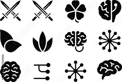 Modern black icon set featuring brain, sword, leaf, and abstract symbols for creative design, technology, and nature vector concepts