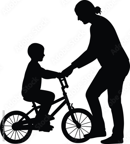Mother teaching son to ride bicycle silhouette, family bonding vector illustration showing love, parenting care, and childhood learning moment