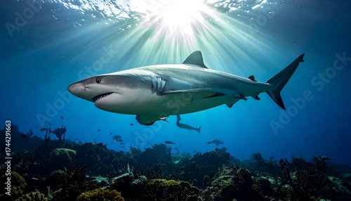 Majestic Shark Swimming in Clear Blue Ocean Waters with Sun Rays.