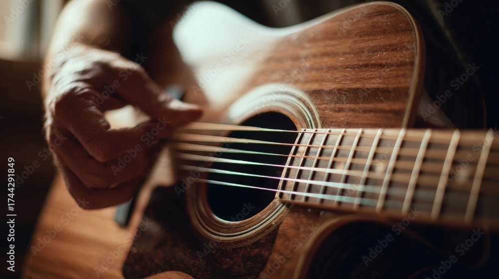 Fototapeta premium First-person View of Hands Tuning Acoustic Guitar with Wooden Finish