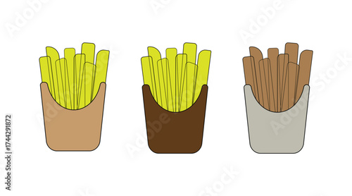 Three stylized vector illustrations of classic french fries in paper containers. Ideal as an icon, side dish illustration, or element for food-related marketing and collateral.
