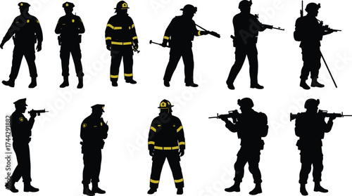 Police officers, firefighters, and soldiers silhouette vector illustration showing public safety, emergency service, and military teamwork protection concept design