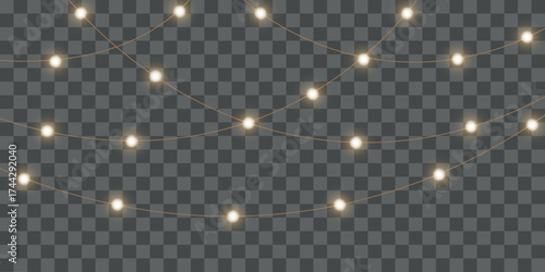 Festive Christmas light gold garlands PNG. Decor element for postcards, invitations, backgrounds, business cards. Winter new collection