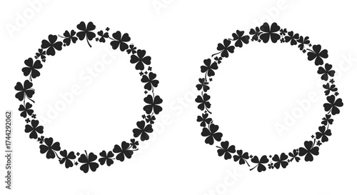Two circular wreath designs composed entirely of four leaf clovers