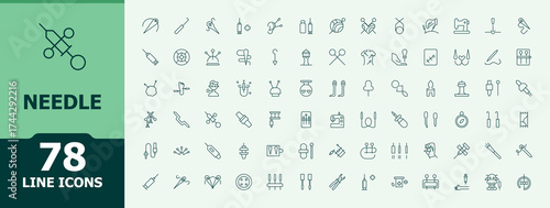 Needle icon set. Contain linear symbols textile, fashion, sewing, knit, sew, cloth and more. Collection for mobile and web apps. Editable stroke. Pixel Perfect. Fashion line icon set.