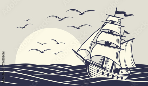 Vintage Sailing Ship at Sunset: Stunning Silhouette Art for Ocean and Adventure Lovers